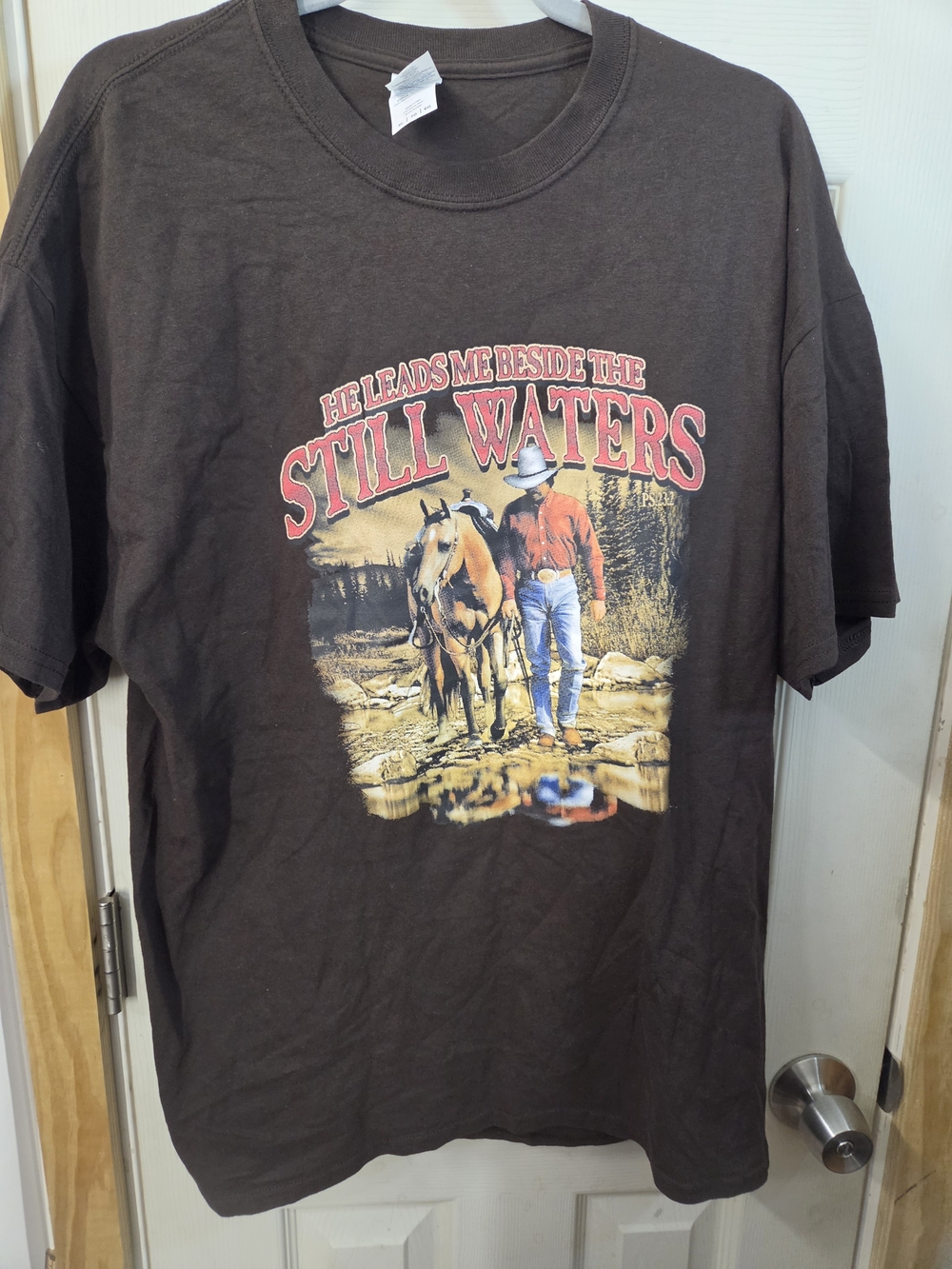 Western Country Retro Gildan Brown 'Still Waters' Cowboy Graphic Tee #0315